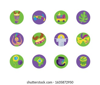 Brazilian carnival icon set design, Culture tourism travel south latin america country and traditional theme Vector illustration