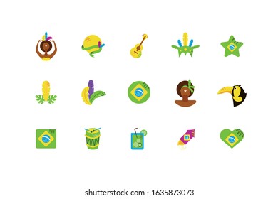 Brazilian carnival icon set design, Culture tourism travel south latin america country and traditional theme Vector illustration