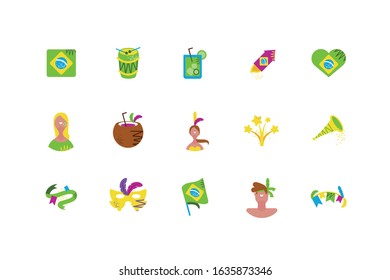 Brazilian carnival icon set design, Culture tourism travel south latin america country and traditional theme Vector illustration