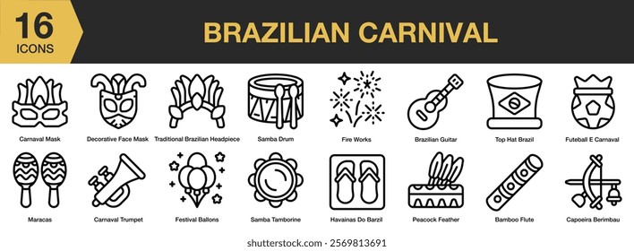 Brazilian Carnival icon set. Editable Stroke Icon Collection. Includes carnival, festival, brazilian, celebration, party, dance, event, and More. Outline icons vector collection.