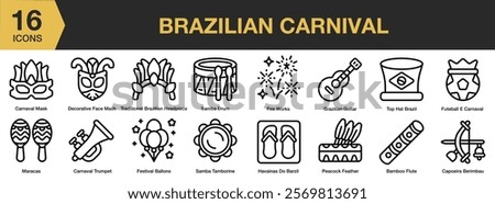 Brazilian Carnival icon set. Editable Stroke Icon Collection. Includes carnival, festival, brazilian, celebration, party, dance, event, and More. Outline icons vector collection.