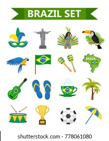 Brasilianische Karneval-Symbole im flachen Stil. Brasilien Land Reisen Tourismus. Sammlung von Designelementen, Kultursymbolen mit Toucan, Papagei, Rio de jeneiro Denkmal, Karnevalskostüm. Vektorgrafik