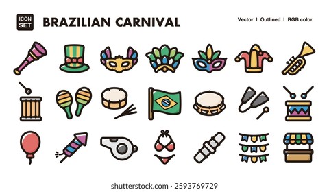 Brazilian carnival illustration icon set.Simple vector outlines, clipart for graphic design.