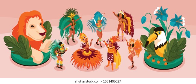 Brazilian carnival isometric narrow set with tourism and fun symbols isolated vector illustration