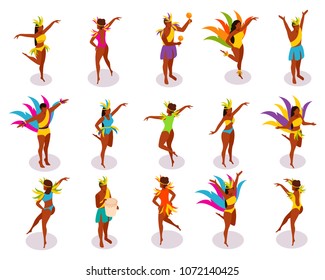 Brazilian carnival isometric people in colorful costumes with feathers and music instruments during dance isolated vector illustration