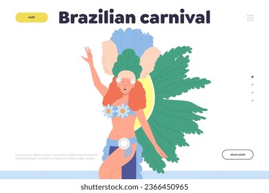 Brazilian carnival landing page design template with pretty girl wearing colorful costume dancing