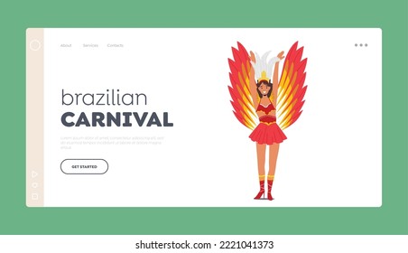 Brazilian Carnival Landing Page Template Girl Dancing in Rio De Janeiro, Samba Dancer Woman Wearing Festival Costume with Red and Gold Colorful Feathers. Cartoon People Vector Illustration,