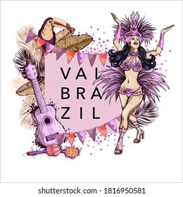 Brazilian Carnival. Latin woman in bikini suit. Bright costume at a traditional party in Rio.