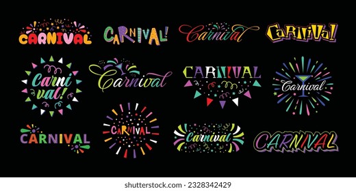 Brazilian Carnival lettering. Festive Carnivals emblem, party sticker with confetti and festival creative vector decoration design set. Traditional event celebration with salute and bright text
