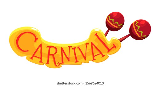 Brazilian carnival lettering with pair of red mexican maracas on white backdrop. Capital letters on yellow. Logo design, advertising flat poster. Decorated party element. Vector flat illustration