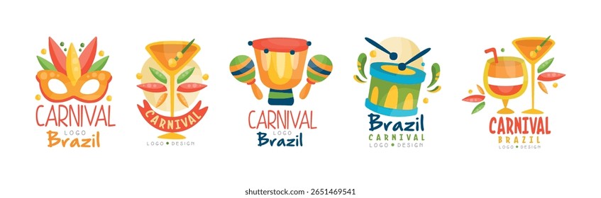 Logotipo do carnaval brasileiro e conjunto vetorial de design de etiqueta luminosa