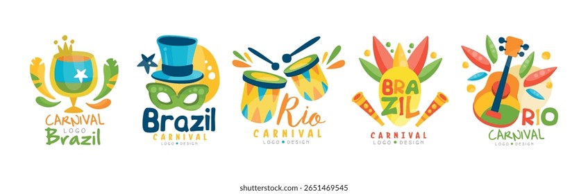 Logotipo do carnaval brasileiro e conjunto vetorial de design de etiqueta luminosa
