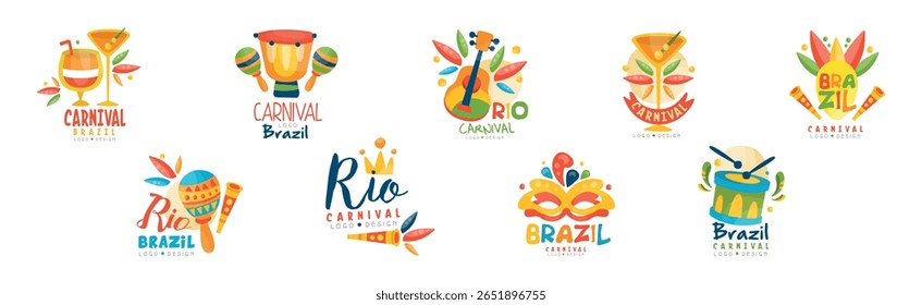 Logotipo do carnaval brasileiro e conjunto vetorial de design de etiqueta luminosa