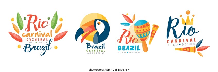 Logotipo do carnaval brasileiro e conjunto vetorial de design de etiqueta luminosa