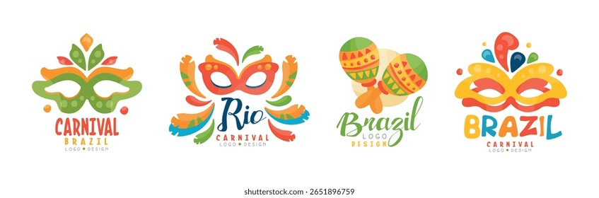 Logotipo do carnaval brasileiro e conjunto vetorial de design de etiqueta luminosa