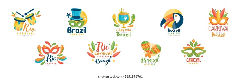 Logotipo do carnaval brasileiro e conjunto vetorial de design de etiqueta luminosa