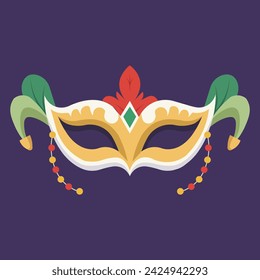 A Brazilian carnival mask covering the eyes and nose for festive moments, in bright saturated colors of green, yellow, red, and white, with a violet background in vector illustration