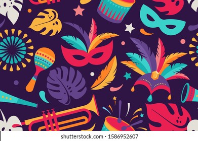 Brazilian Carnival, Music Festival, Masquerade Seamless Pattern