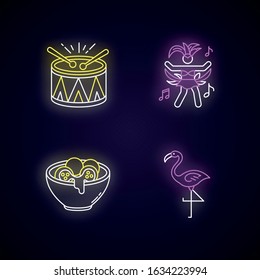 Brazilian carnival neon light icons set. Traditional music. Arancini. Festive drum parade. National festival. Flamingo. Signs with outer glowing effect. Vector isolated RGB color illustrations