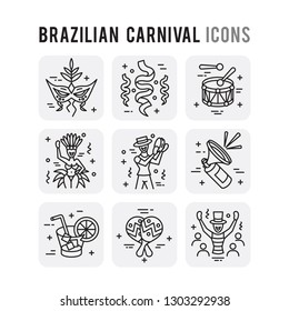 Esquema de carnaval brasileño conjunto iconos de estilo delgado Pictograma minimalista