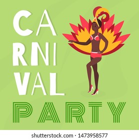 Brazilian carnival party banner vector template. Young latina female dancer in beautiful authentic costume cartoon character. National south american festival, Rio de Janeiro culture poster layout