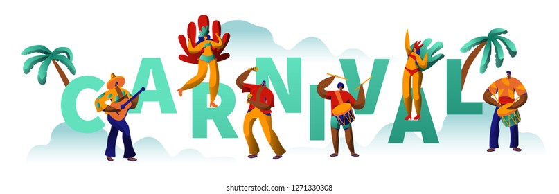 Brazilian Carnival Party Character Typography Poster. Man Woman Dancer at Latin Ethnic Festival Banner Template. Holiday Masquerade Costume Print Card Concept Flat Cartoon Vector Illustration