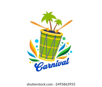 Brazilian carnival party icon with drum for entertainment event, vector symbol. Brazilian samba carnival or music festival emblem with ethnic drum, tropical palms and colors splash for Brazil dance