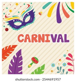 Fiesta de carnaval brasileña con música samba. Los brasileños visten trajes tradicionales y máscaras de plumas. Concepto de fiesta de carnaval. Ilustración vectorial plana.