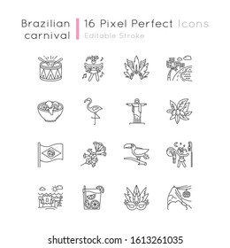 Brazilian carnival pixel perfect linear icons set. Street party. South America traditions. Flamingo. Customizable thin line contour symbols. Isolated vector outline illustrations. Editable stroke