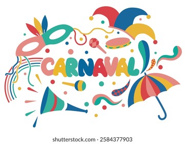 Brazilian carnival in Portuguese text illustration. Carnaval elements vector.