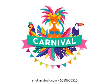 Brazilian Carnival poster, banner with colorful party elements - masks, confetti, toucan, parrot and splashes. Festival concept design