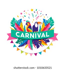 Brazilian Carnival poster, banner with colorful party elements - masks, confetti, toucan, parrot and splashes. Festival concept design