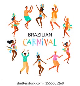 Brazilian Carnival poster with dancing people characters flat cartoon vector illustration isolated on white background. Festival or holiday, celebration event banner.