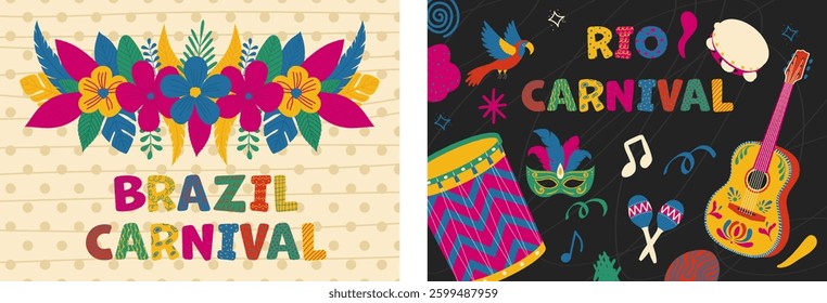 Brazilian carnival poster set. Trendy banner collection with floral daisy border, musical instruments and doodle elements