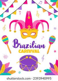 Brazilian carnival poster template. Invitation with Mask, maracas, drum, feathers. Flat vector illustration on white background. Clipping mask