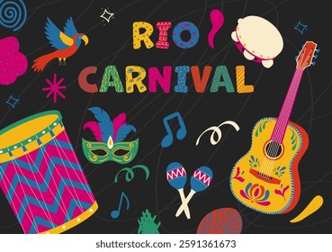 Brazilian carnival poster. Trendy banner with exotic parrot, musical instruments and doodle elements