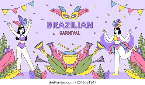 Cartel del carnaval brasileño. Mujeres con plumas cerca de la copa de oro. Mascarada y carnaval. Fiesta y festival de Brasil. Diversión y entretenimiento. Celebración y feriado. Ilustración vectorial lineal