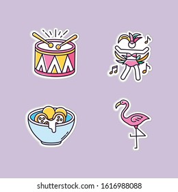 Brazilian carnival printable patches. Traditional music. RGB color stickers, pins and badges set. Arancini. Festive drum parade. National festival. Flamingo. Vector isolated illustrations