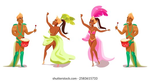 Brazilian carnival samba dancers and drummers in traditional costumes. Colorful cartoon dancing characters isolated on white background vector illustration. Brazil festive party banner.