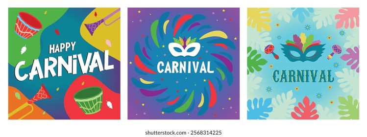 Brazilian Carnival with samba dancers and musicians. Colorful masks and parties enliven the festival. Mardi Gras carnival with colorful leaf decorations. Carnival party concept. 