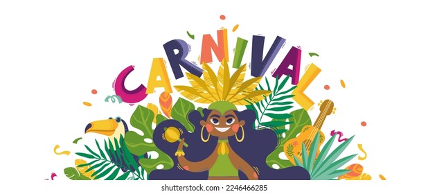 Brazilian carnival samba girl, toucan and guitar in tropical leaves banner template with colorful lettering and confetti