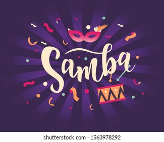 Brazilian Carnival. Samba hand lettering text  Vector illustration with colorful party elements.