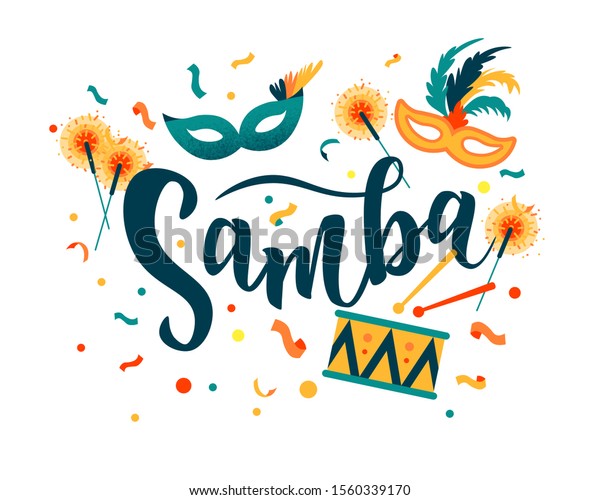 ブラジル のカーニバル Sambaの手書きのテキストをバナー カード ロゴ アイコン 招待テンプレートとして使用します カラフルなパーティエレメントを持つベクター イラスト のベクター画像素材 ロイヤリティフリー