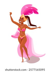 Brazilian carnival samba woman dancer in traditional costume. Colorful cartoon dancing female character isolated on white background vector illustration. Brazil festive party banner.