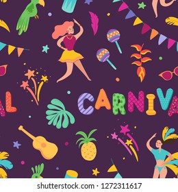 Brazilian Carnival Seamless Pattern. Brazil Samba Dancer Characters Carnival. Rio de Janeiro Festival with Girls in Festive Costumes. Vector illustration