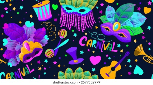 Brazilian carnival. Seamless pattern. Celebrating a traditional music festival in Latin America. Colorful banner with maracas, drums, guitar and mask. Cartoon flat illustration. Vector