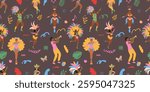 Brazilian carnival seamless pattern. Dancing people in costume and doodle elements. Trendy vector background.