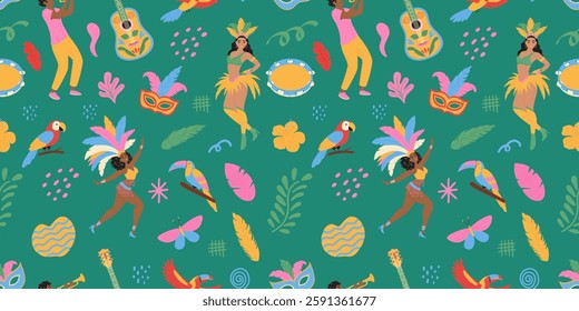 Brazilian carnival seamless pattern. Dancing people in costume, guitar, birds. Trendy background.
