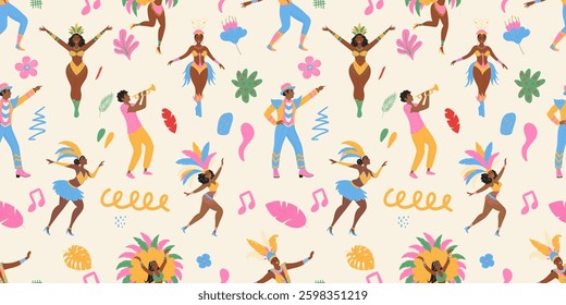 Brazilian carnival seamless pattern. Dancing people, leaves, doodle elements. Modern vector illustration.