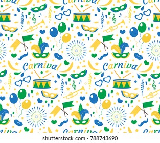 Brazilian Carnival seamless pattern with mask feathers, confetti, balloons. Brazil endless background, texture, wallpaper. Festival backdrop of blue, green, yellow. Vector illustration